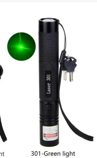 A black portable laser indicator light with a green beam visible.