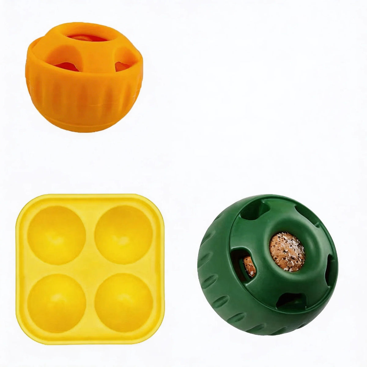 Zwei Silikon-Hundleckerli-Dispenser, orange und grün, mit verschiedenen Leckerchenformen.