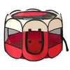 A folding octagonal pet cage for dogs with a black mesh and red fabric interior.