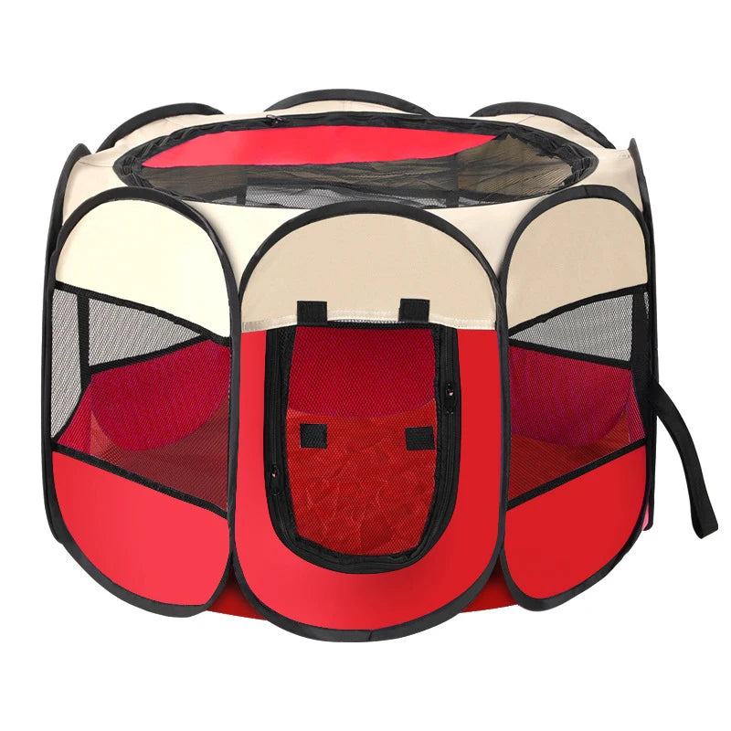 A folding octagonal pet cage for dogs with a black mesh and red fabric interior.