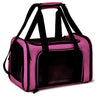 A purple portable pet carrier bag with black straps and a rectangular opening.