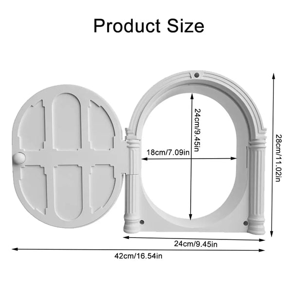 White durable pet cat and dog door with a rounded arch design and measurements.