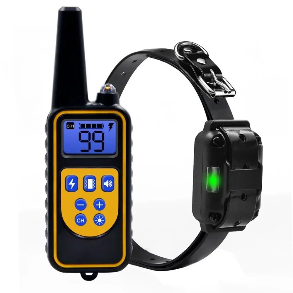 Black remote dog training collar with an LCD display and a black strap.