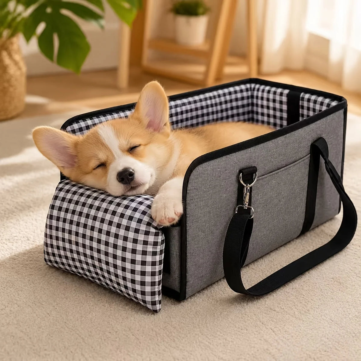 A small, fluffy orange and white dog is resting inside a gray foldable dog car seat with a checkered fabric insert.