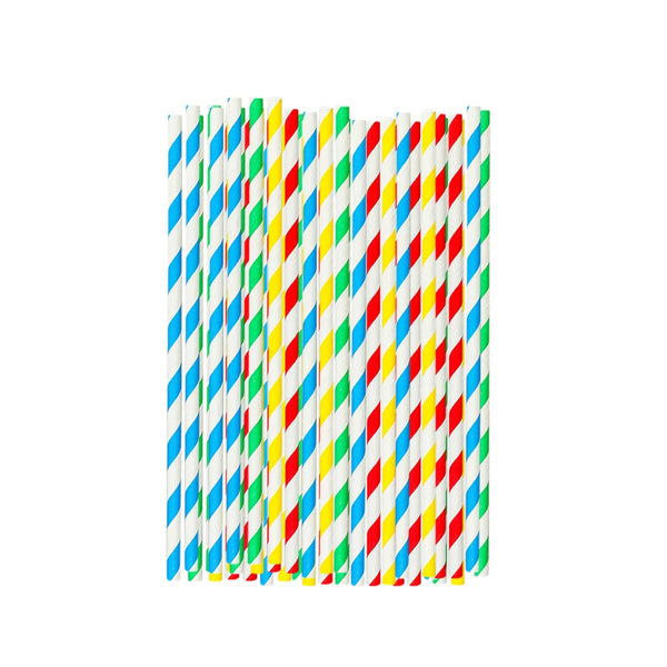 A pack of 100 colorful, striped biodegradable paper straws in various combinations.