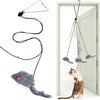 A cat toy featuring a mouse that hangs from a string and is used to tease or interact with a cat.