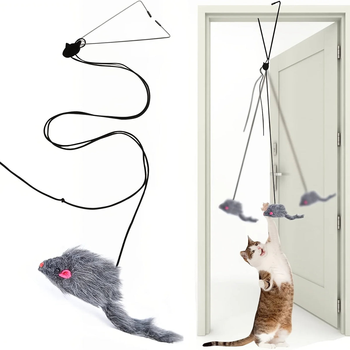 A cat toy featuring a mouse that hangs from a string and is used to tease or interact with a cat.