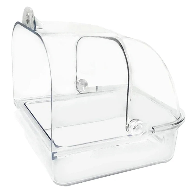 Clear acrylic external bird bath designed for cages and parakeets.