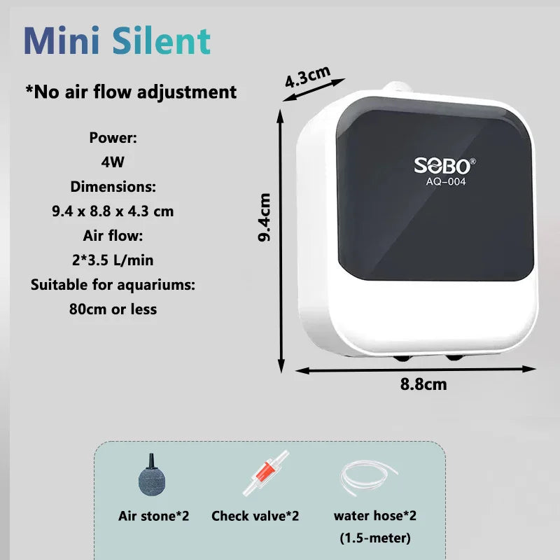 A white Mini Silent air pump for aquariums with specifications and accessories shown.
