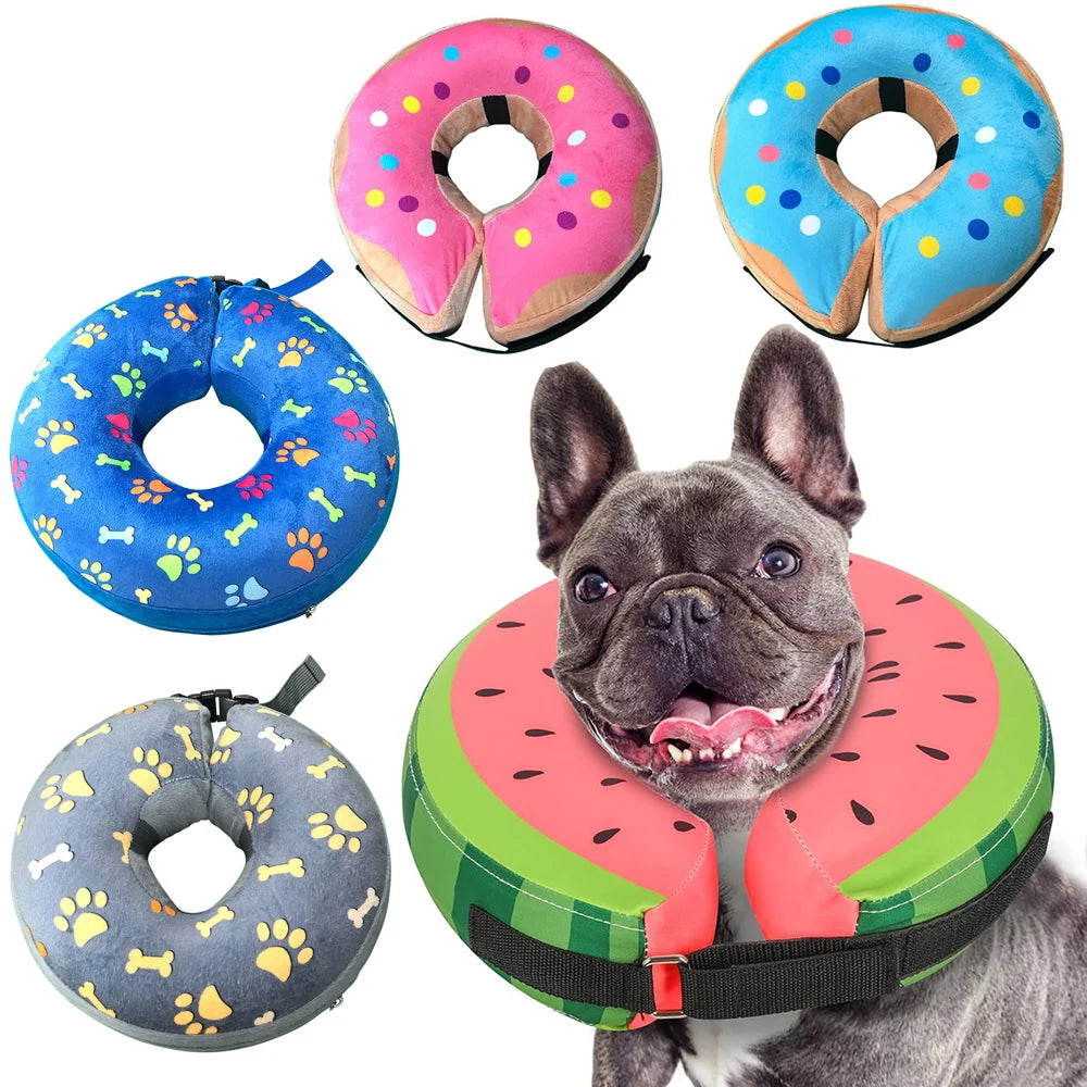 Colección de collares de recuperación inflables para perros y gatos en varios colores, incluyendo rosa, azul y amarillo