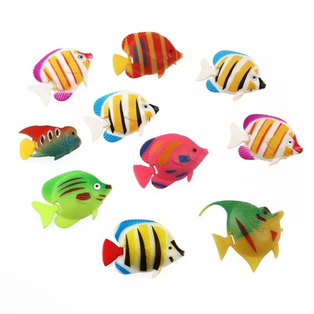 A set of ten colorful, lifelike floating artificial tropical fish for aquarium decor.