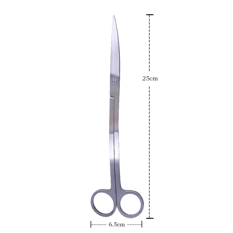 A stainless steel aquarium cleaning tool set featuring a long, slender tool and a pair of scissors.