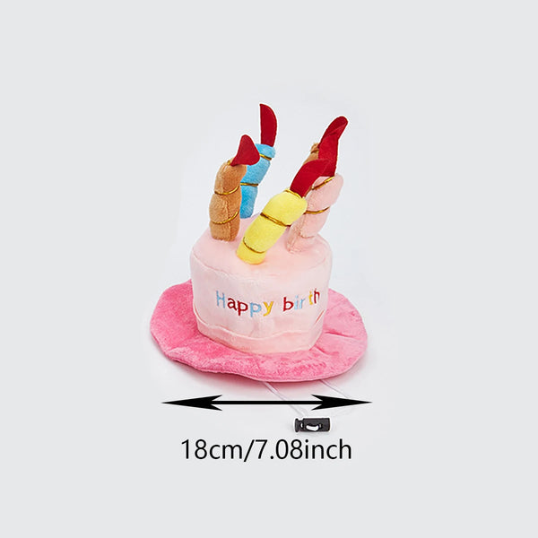 A pink pet birthday hat with colorful, fluffy ears and a yellow accent, displayed on a white background.