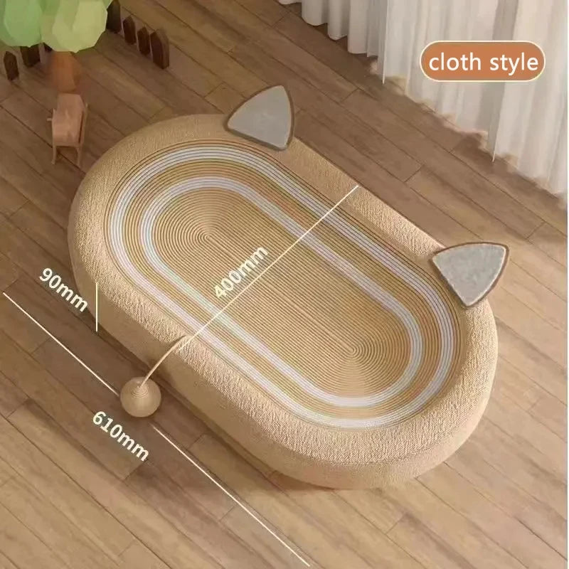 A beige sisal cat scratcher board with a woven pattern and accompanying chew toy placed on a wooden floor.