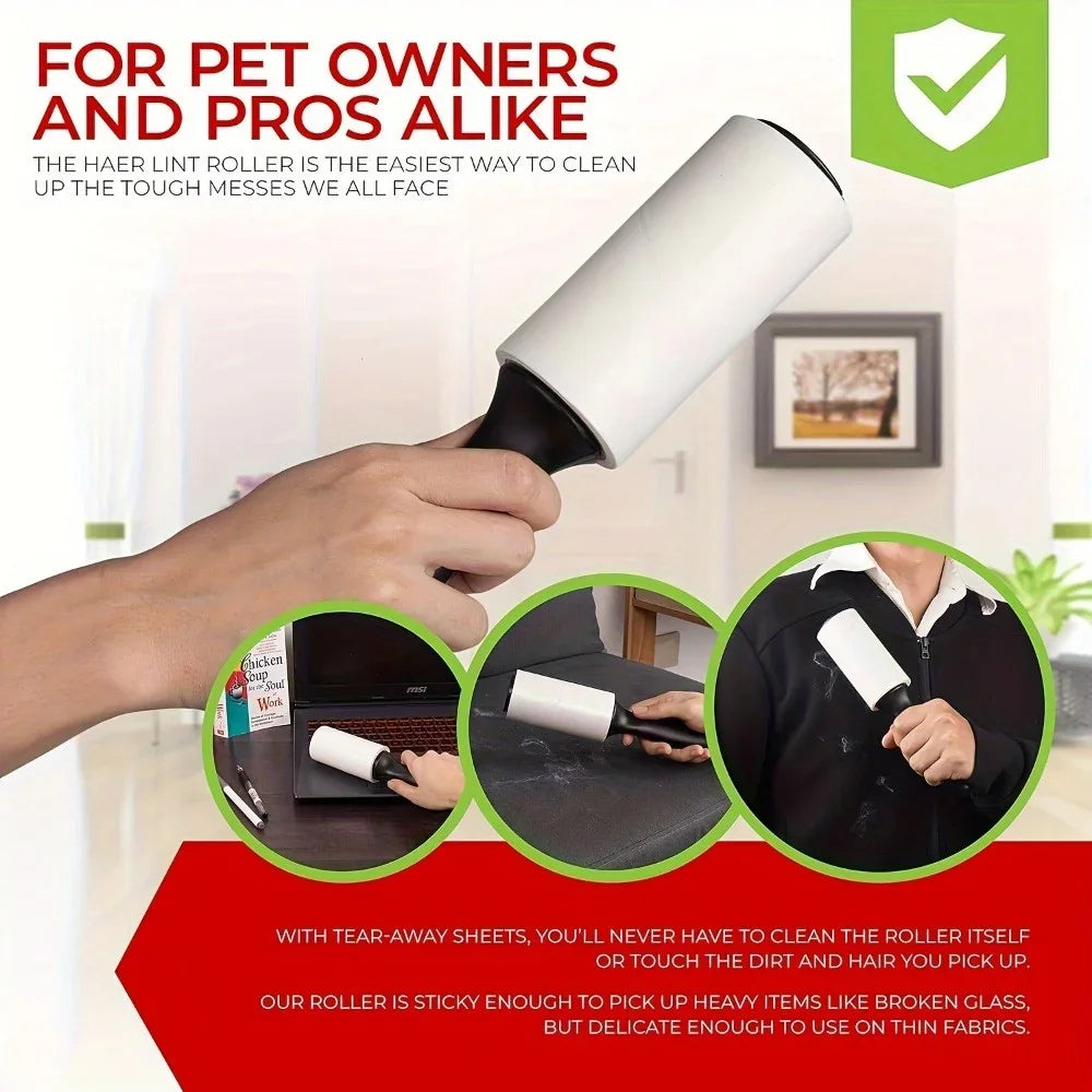 A hand is using an adhesive lint roller to clean pet hair from a fabric.