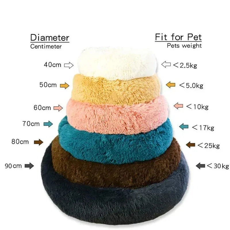 A stack of round, fluffy pet beds in various colors and sizes, showing a diameter scale for different pet weights.