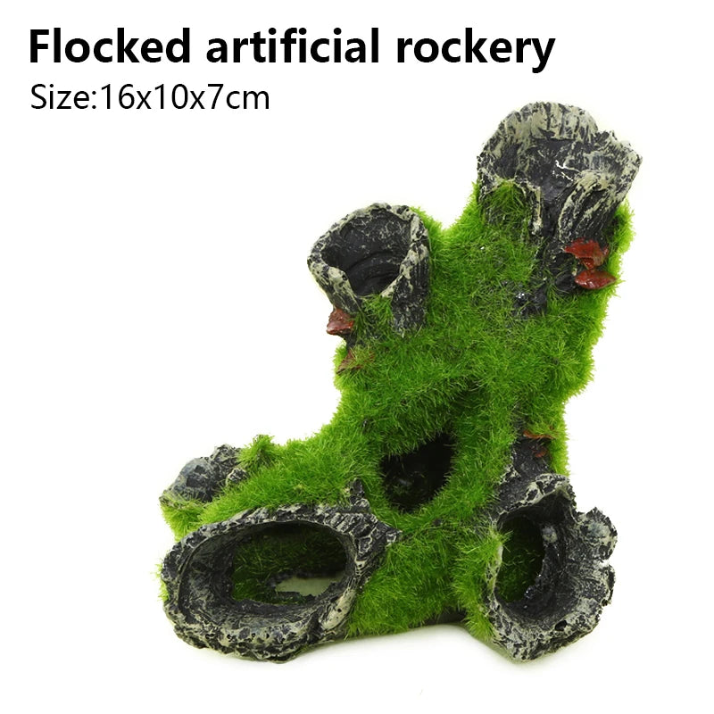 Flocked artificial rockery, size 16x10x7cm, used as a resin aquarium tree house cave.