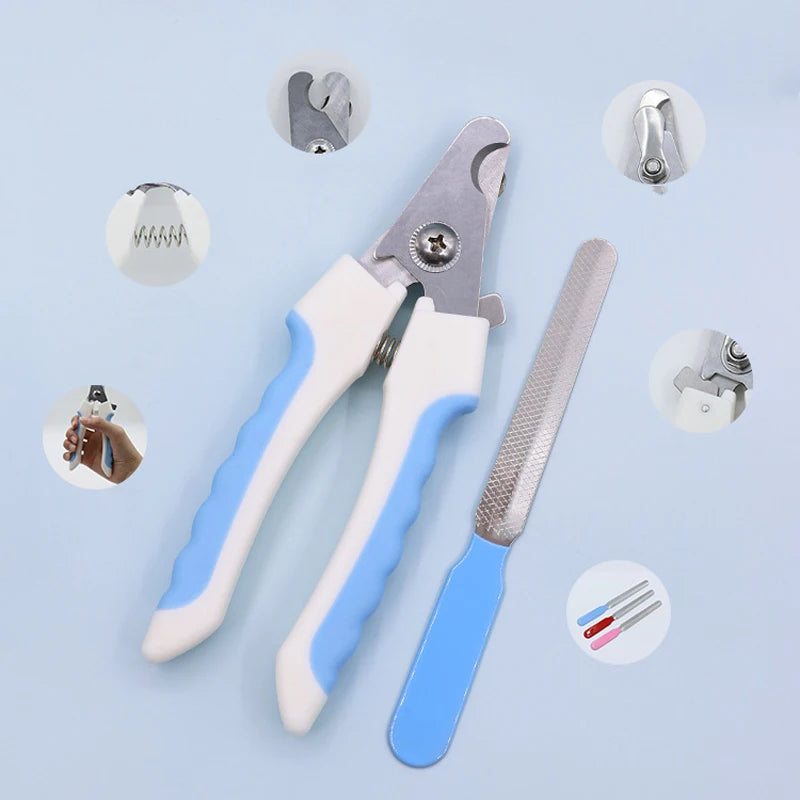 Stainless steel pet nail clippers for dogs and cats shown with various sizes and tools on a light blue background