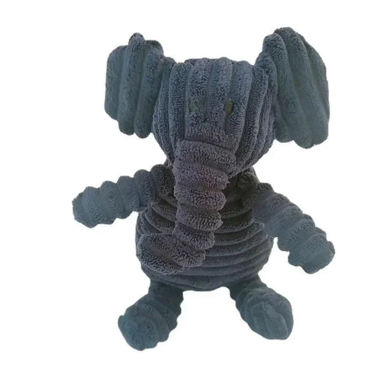 A plush, dark gray corduroy squeaky dog toy shaped like an elephant.
