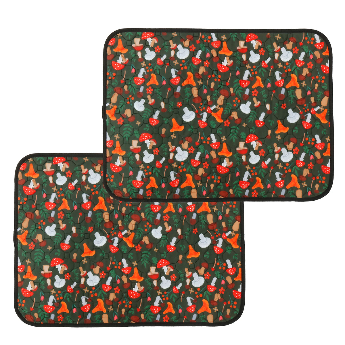 A dark green mat featuring a dense pattern of red and white mushrooms and leaves for pet use.