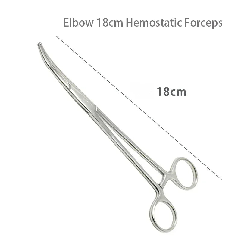 Stainless steel elbow hemostatic forceps shown in a diagonal view