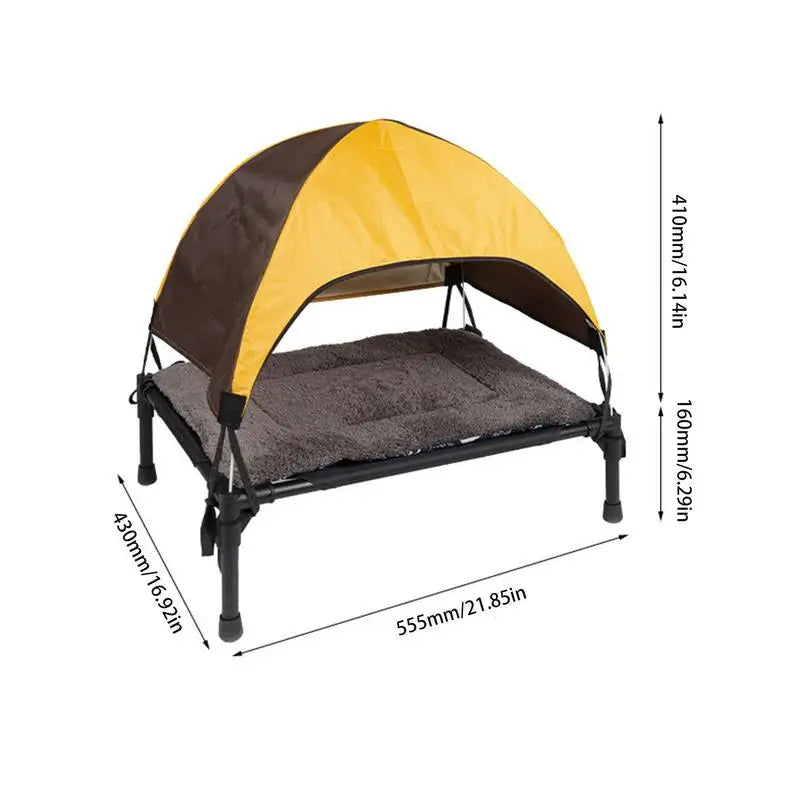 Portable elevated dog cot featuring a yellow and brown removable shade canopy.