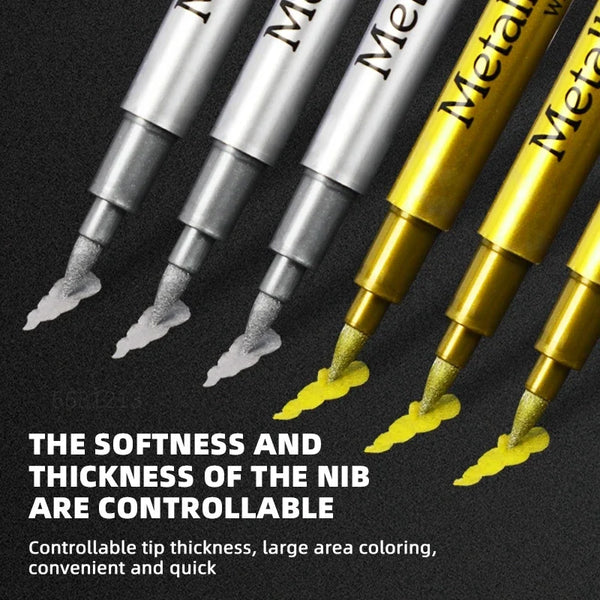 Close-up view of metallic brush pens showing controllable tip thickness and large area coloring.