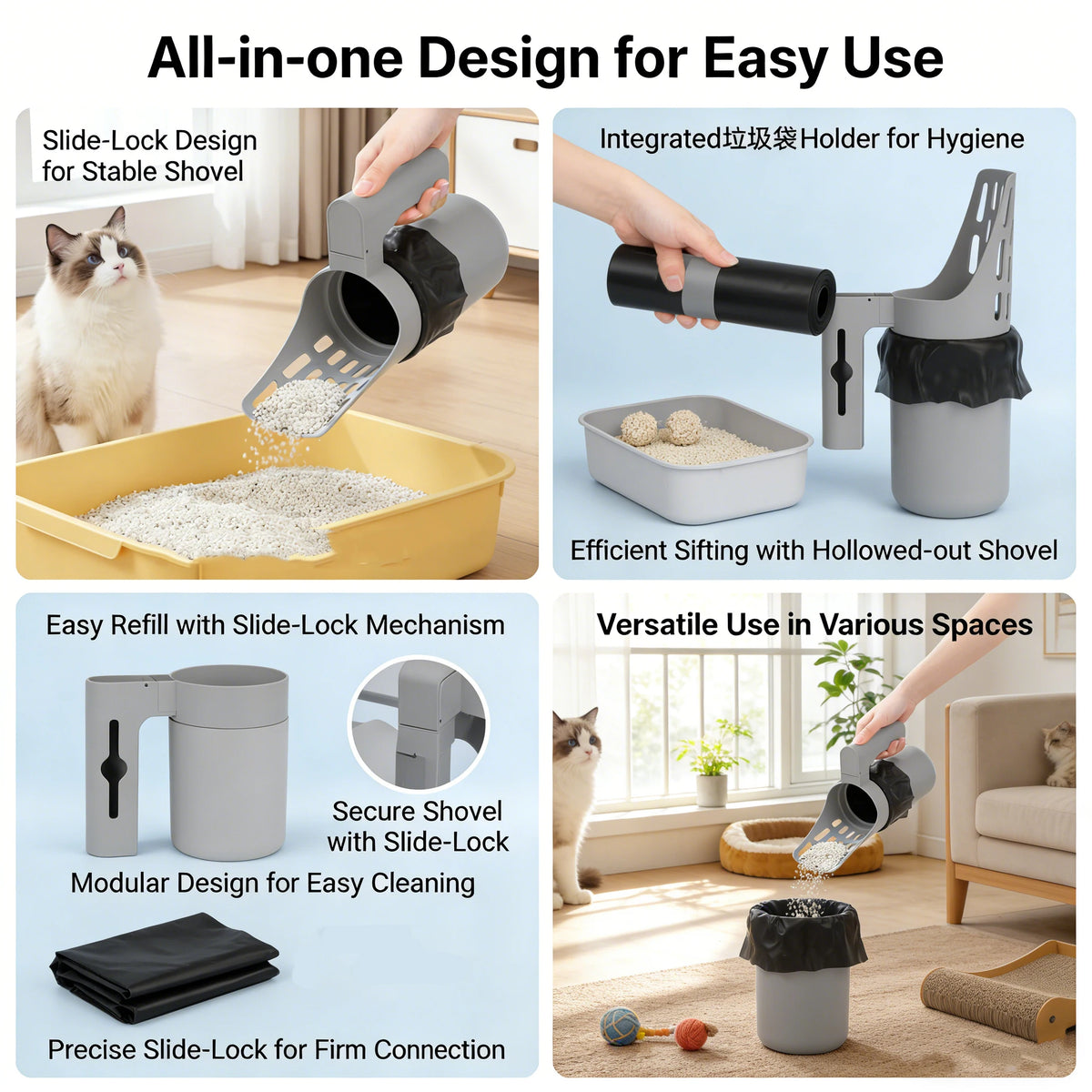 All-in-one design for easy use showing a slide-lock litter scoop and sifter with various components