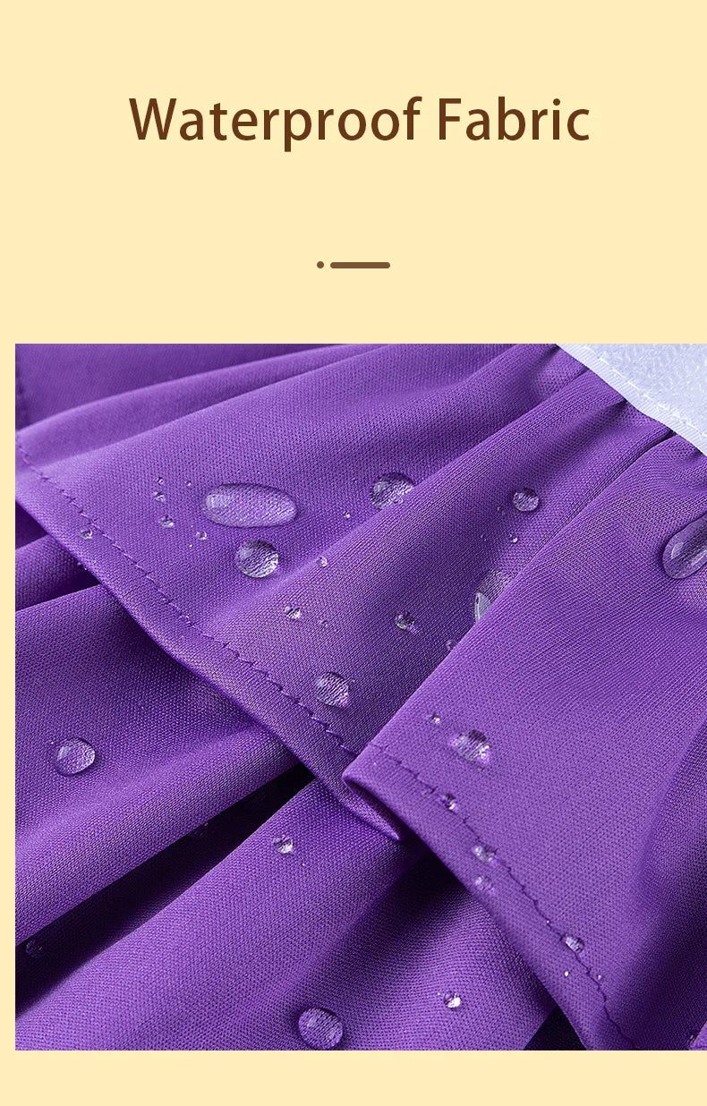 Close-up of a purple waterproof fabric material showing water droplets on the cloth.