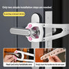 A white adjustable cat door latch with a stabilizer is shown being installed on a door, highlighting the simple two-step inst