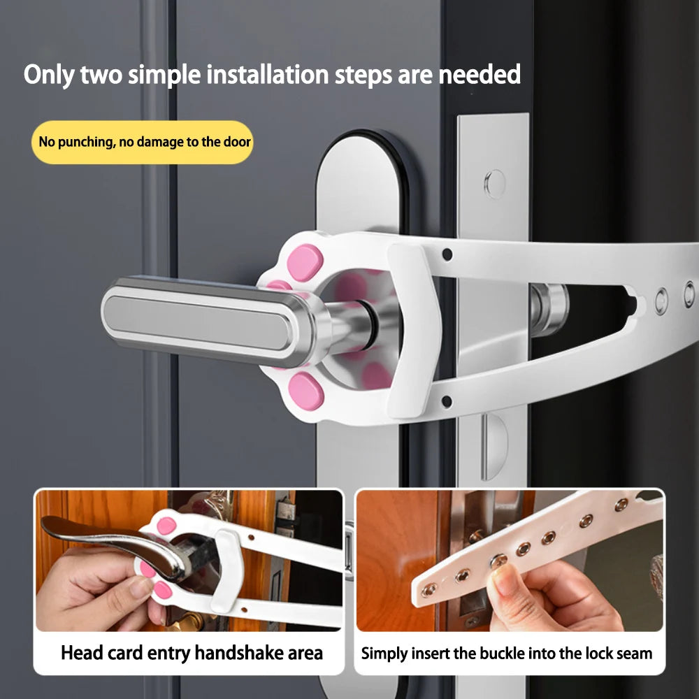 A white adjustable cat door latch with a stabilizer is shown being installed on a door, highlighting the simple two-step inst