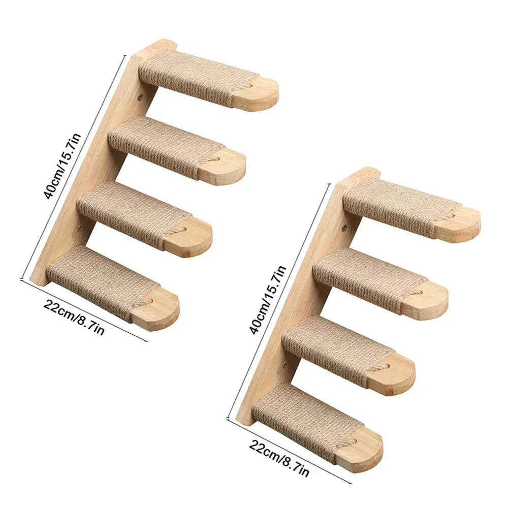 Natural wooden cat wall shelves with climbing perches showing various sizes and angles