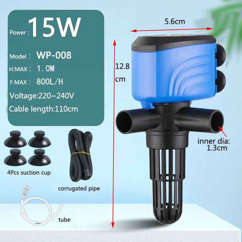 Una bomba de agua sumergible azul con carcasa negra y tubería corrugada, junto a sus componentes.