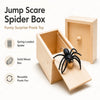 A wooden box containing a spring-loaded spider toy for a funny surprise prank.
