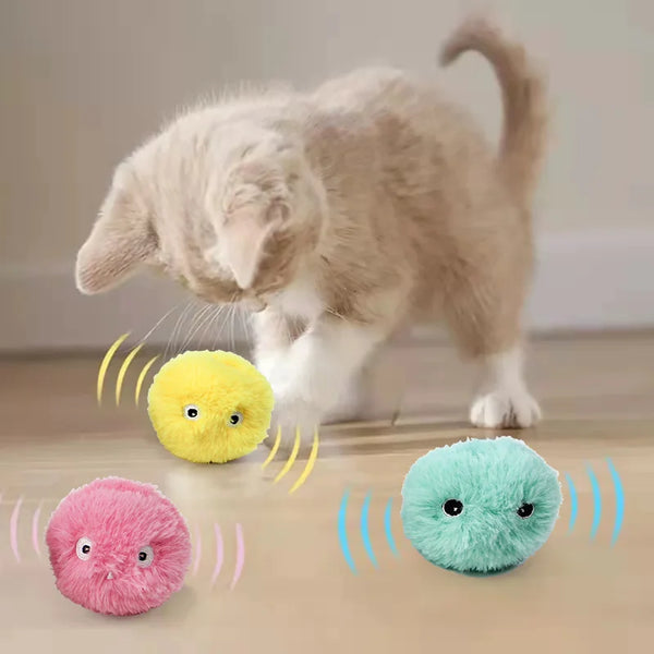 Ein flauschiger Kater interagiert mit drei bunten, klingenden Spielzeugen auf einem Holzfußboden.
