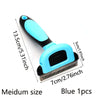 A blue pet hair grooming comb with a black handle and a 7cm blade shown against a white background.