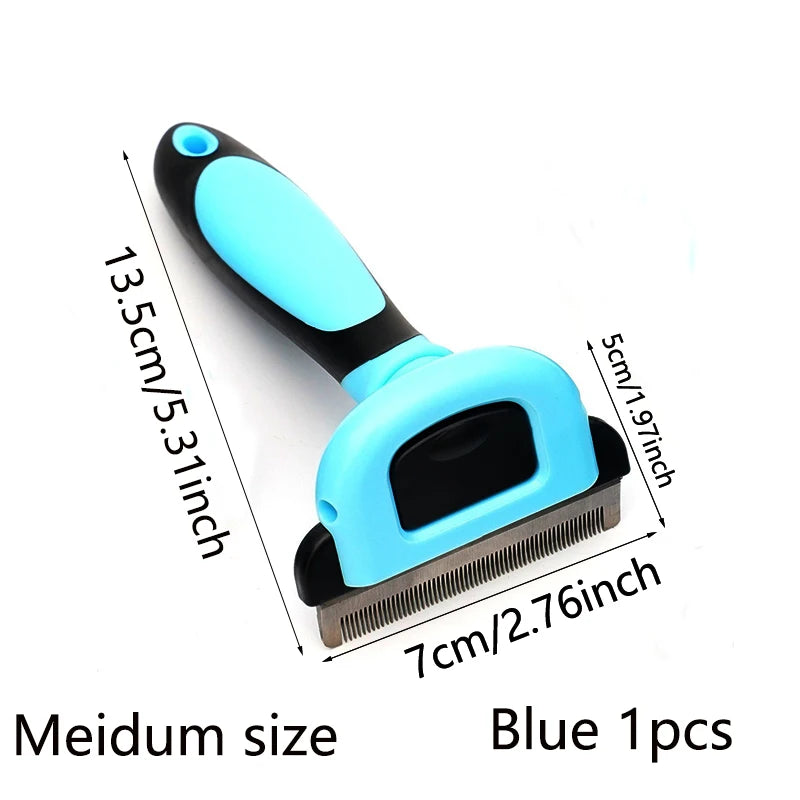 A blue pet hair grooming comb with a black handle and a 7cm blade shown against a white background.