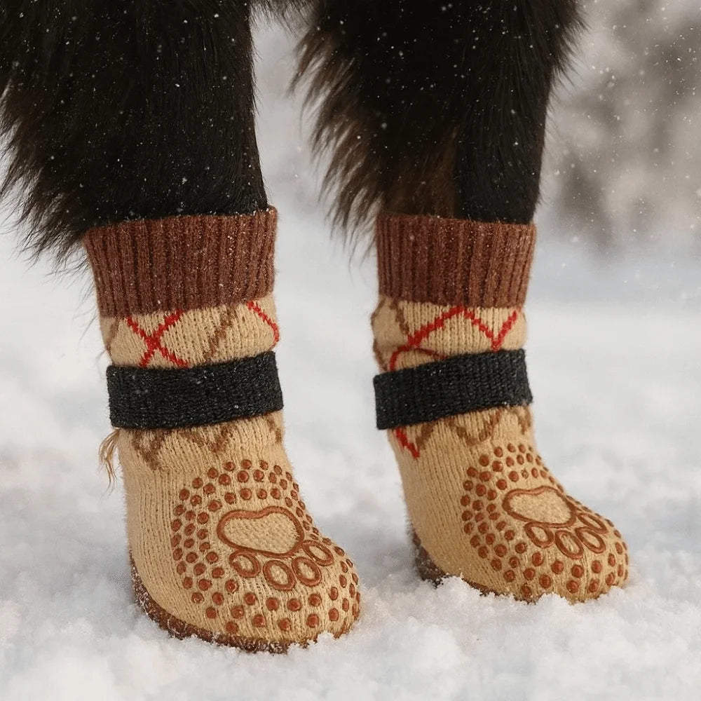 Pair of knitted dog socks with brown and black accents standing in the snow.