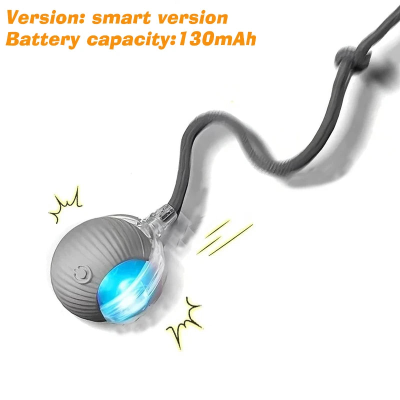 A smart version battery capacity 130mAh electronic rolling cat toy ball with a flexible cord.