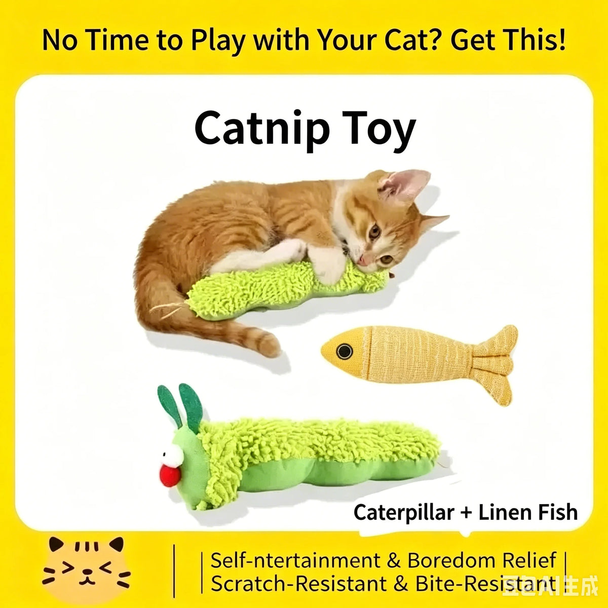 Katzenkrautspielzeug mit Raupe und Leinenfisch neben einem Kätzchen.