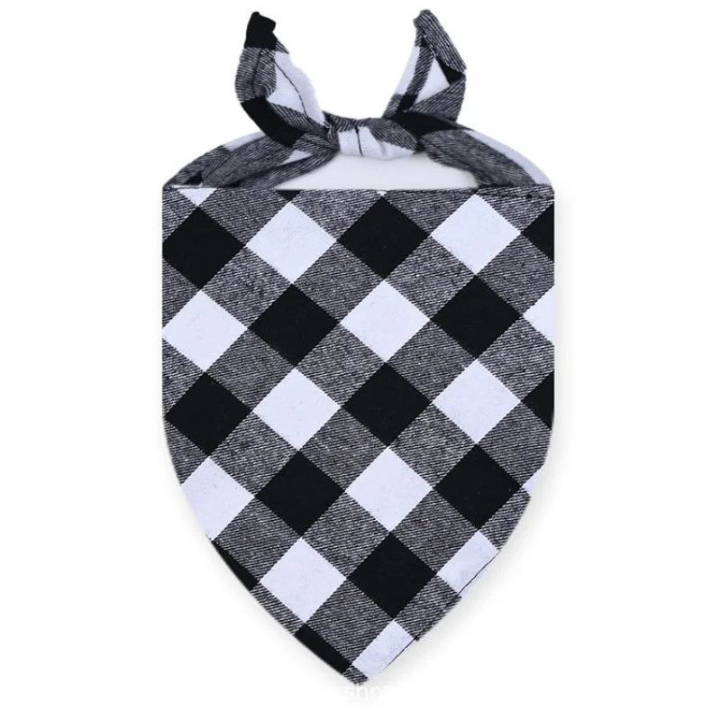 Black and white plaid bandana tied in a bow for a dog