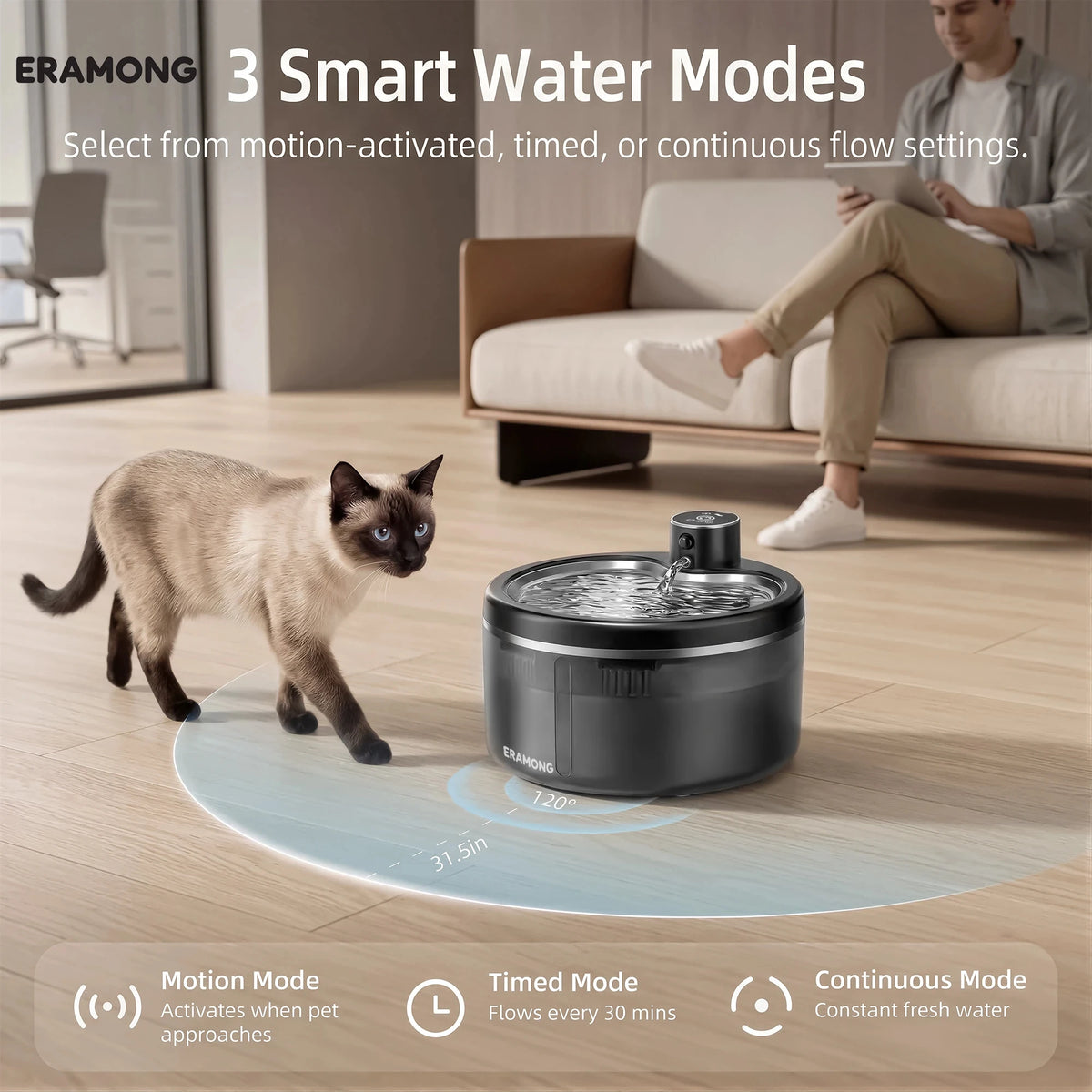 A black pet water fountain sits on a light wooden floor with a cat nearby, demonstrating its three smart water modes.