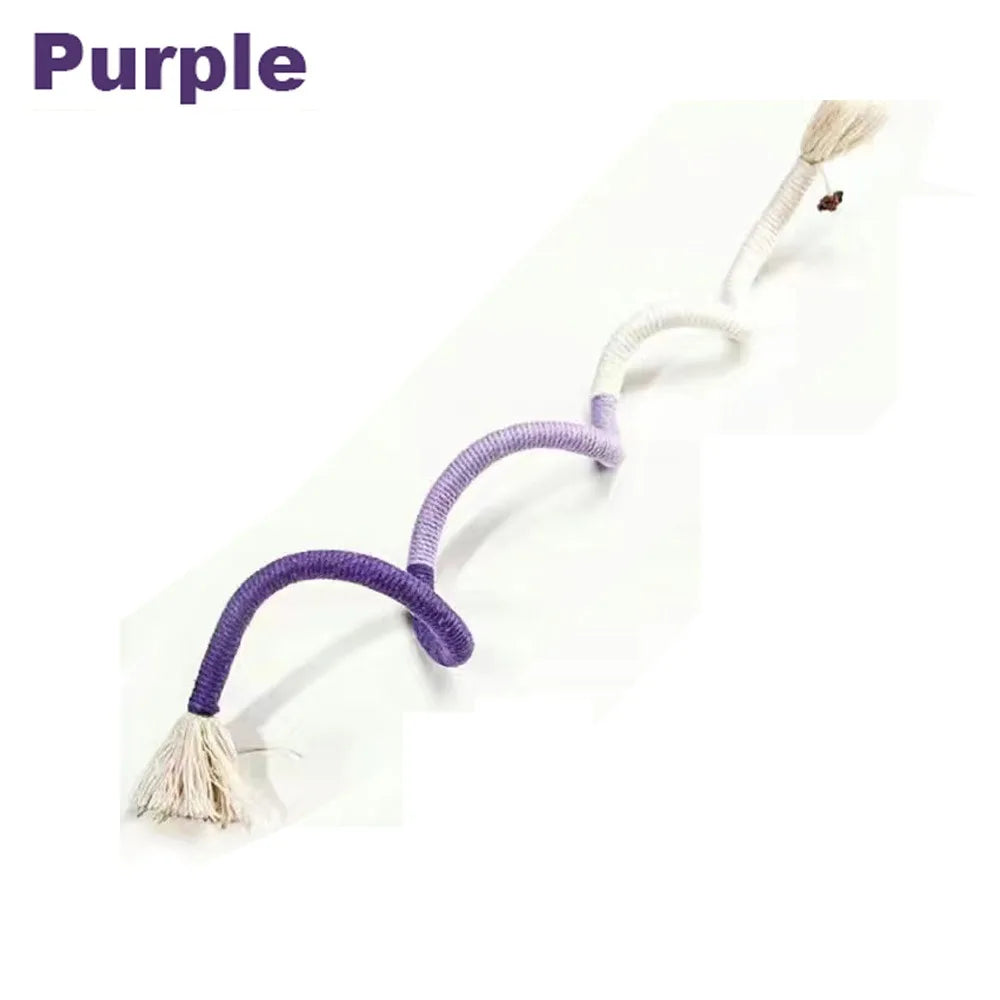 Purple interactive cotton rope cat teaser toy with a fluffy end