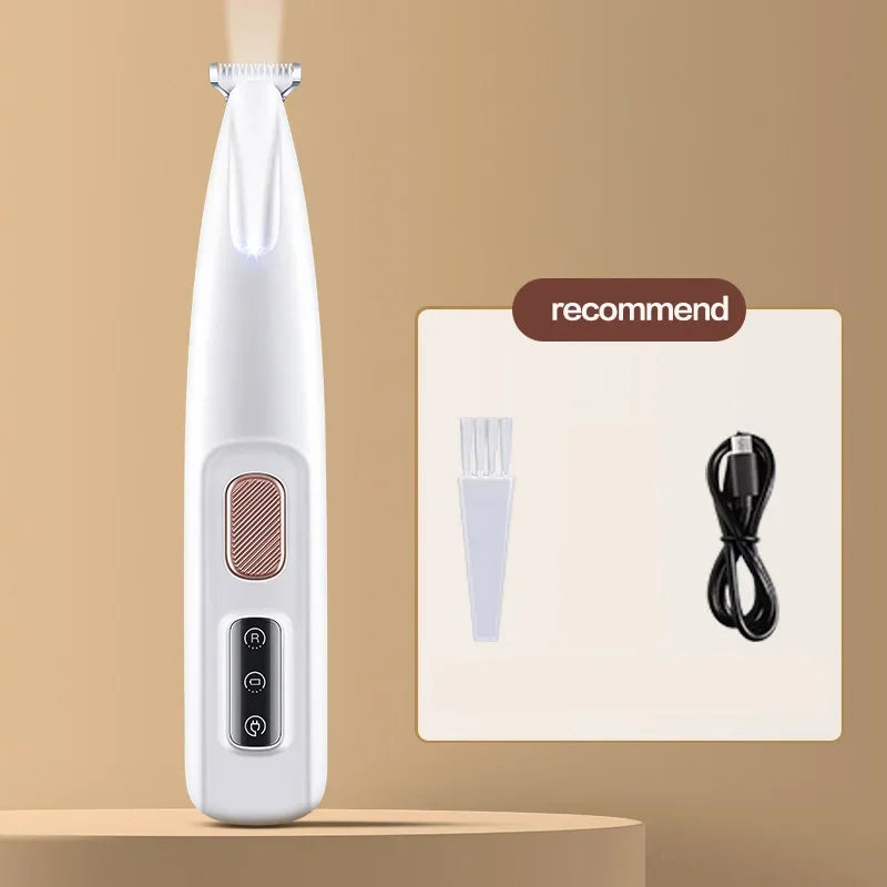 A white waterproof LED pet hair trimmer is shown standing on a wooden surface with a recommendation panel nearby.