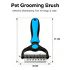 A black and blue pet grooming brush with a metal comb for deshedding dogs and cats.