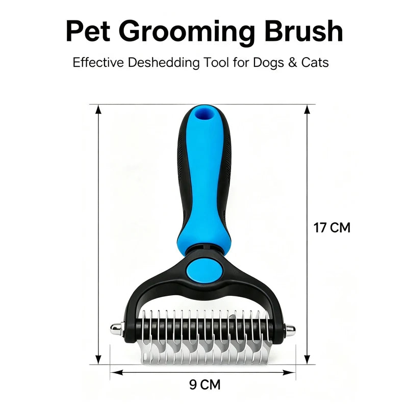 A black and blue pet grooming brush with a metal comb for deshedding dogs and cats.