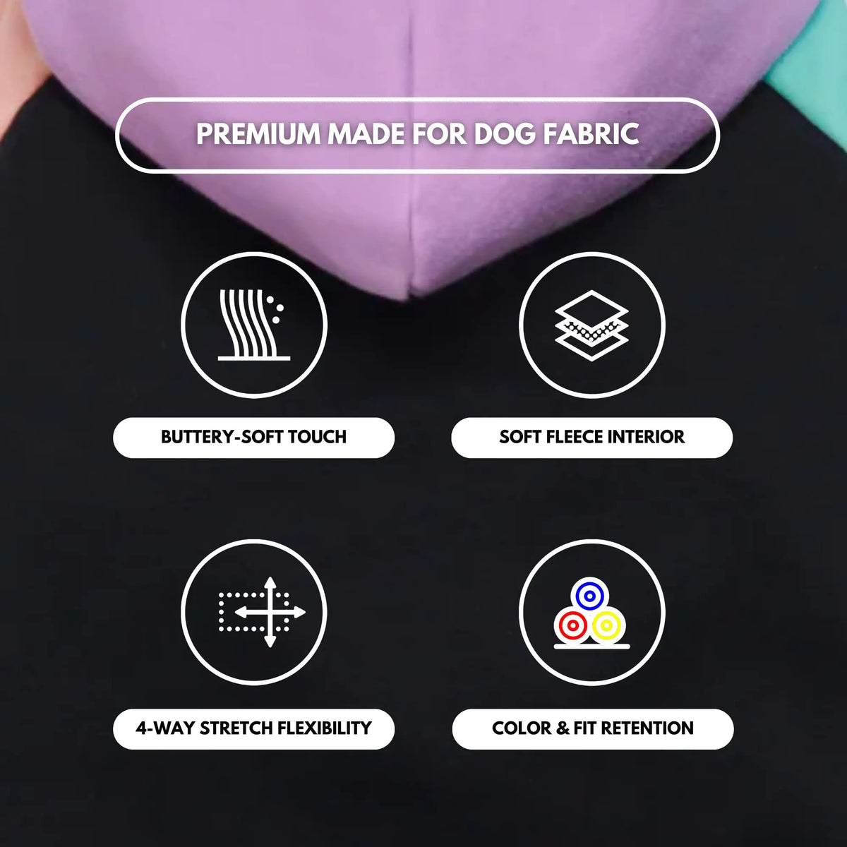 A close-up of a black dog fabric hoodie with icons highlighting buttery-soft touch, soft fleece interior, 4-way stretch flexi