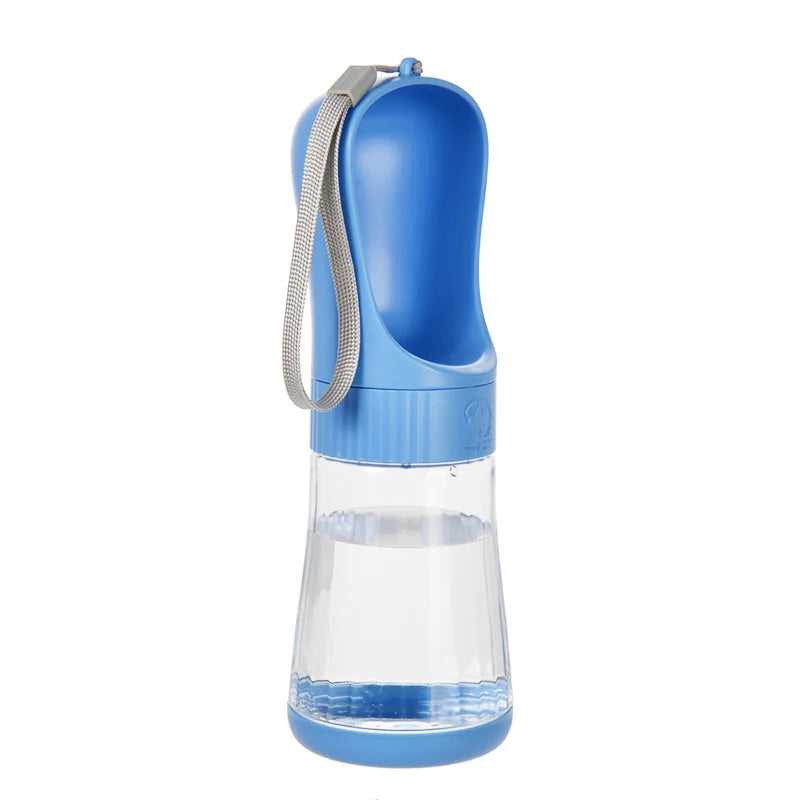A blue 2-in-1 portable pet water and food dispenser with a clear reservoir and a gray strap.