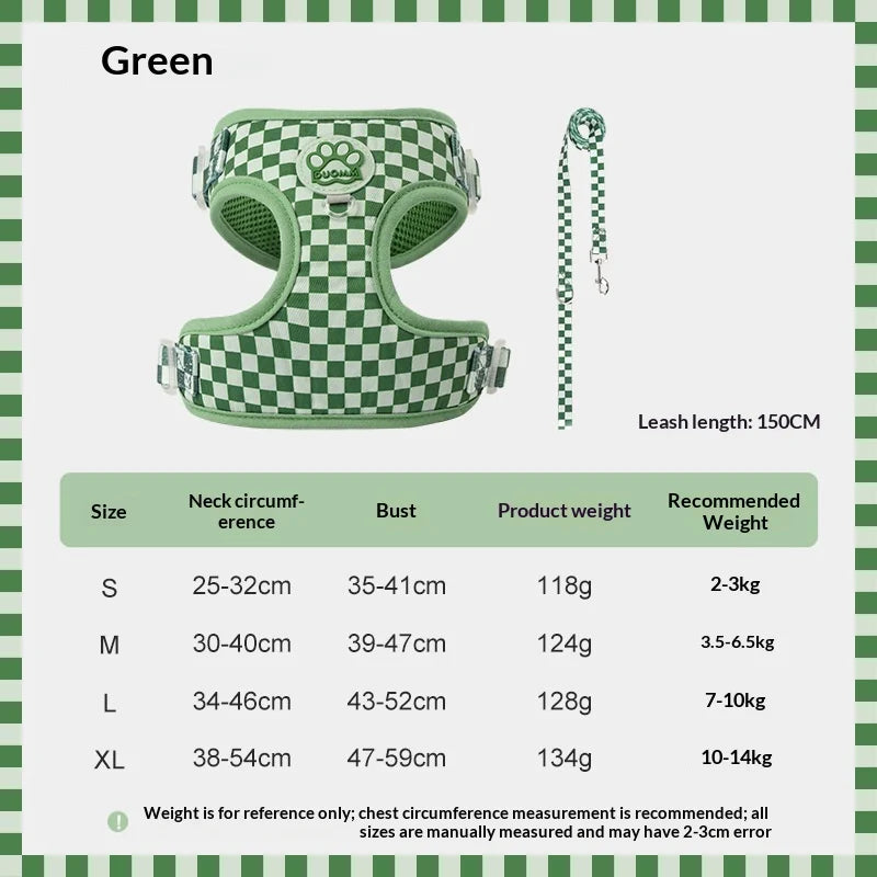 Green checkered no-pull dog harness with leash for small dogs shown in a product listing.
