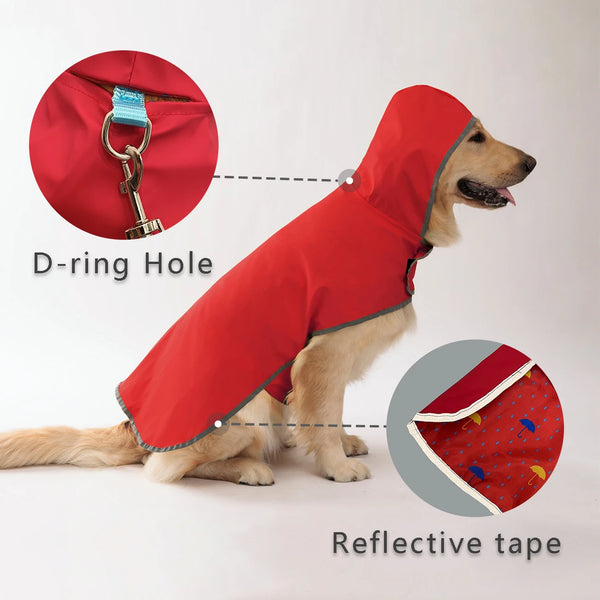Red dog raincoat with D-ring hole and reflective tape shown on a golden retriever.